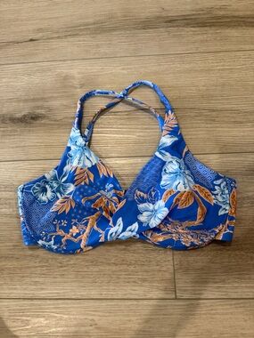 Seafolly Blue Floral Bikini Top with Orange Accents
